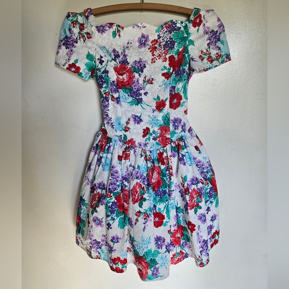 Size 7 Girl's Vintage 90's Floral Cold Shoulder Victorian Lined Puffy Dress - Picture 1 of 6